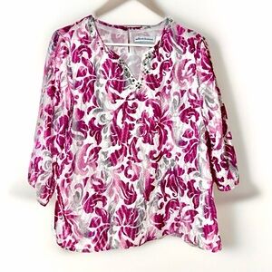 Blouse Florale Femme Petite Taille 10P – Alfred Dunner – V-Neck 3/4 – État Très Propre